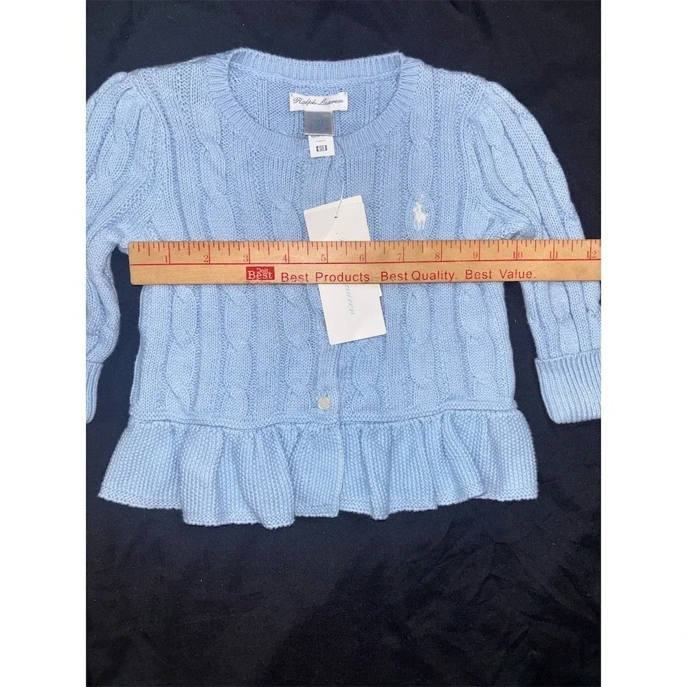 Ralph Lauren Baby Girls Cardigan Sweater Blue Cable Knit Peplum 9M polo pony NWT